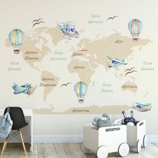 Tapeta z motywem mapy świata i balonów