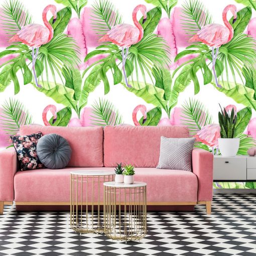 Dekoracja z flamingami na tle tropikalnych liści