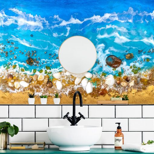 Dekoracja do łazienki fototapeta geode art błekinto złote morze plaża