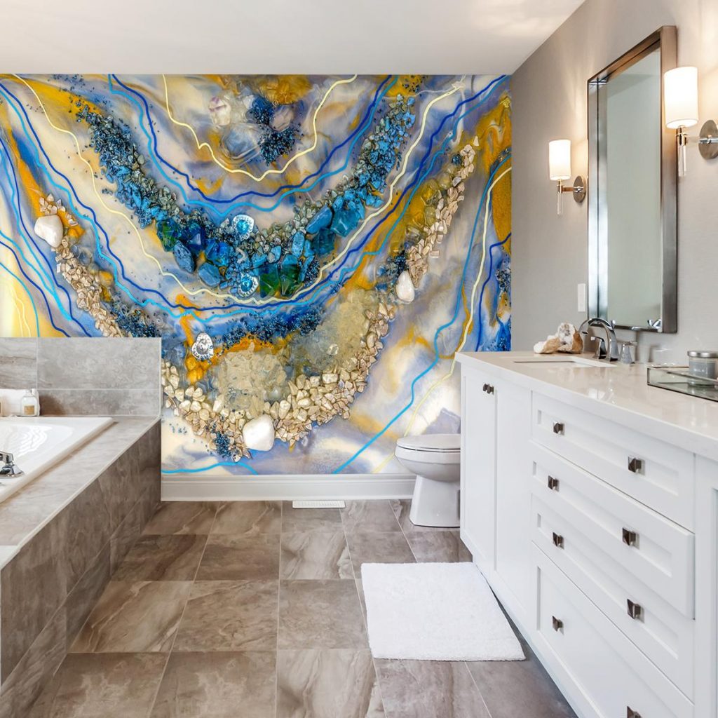 fototapeta z niebiesko pomaranczowa abstrakcją reprodukcja obrazu Ewy M.Turowskiej i kamieniami