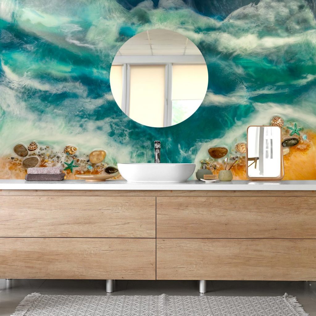 dekoracja do łazienki fototapeta resin sea niebieska złota kamienie