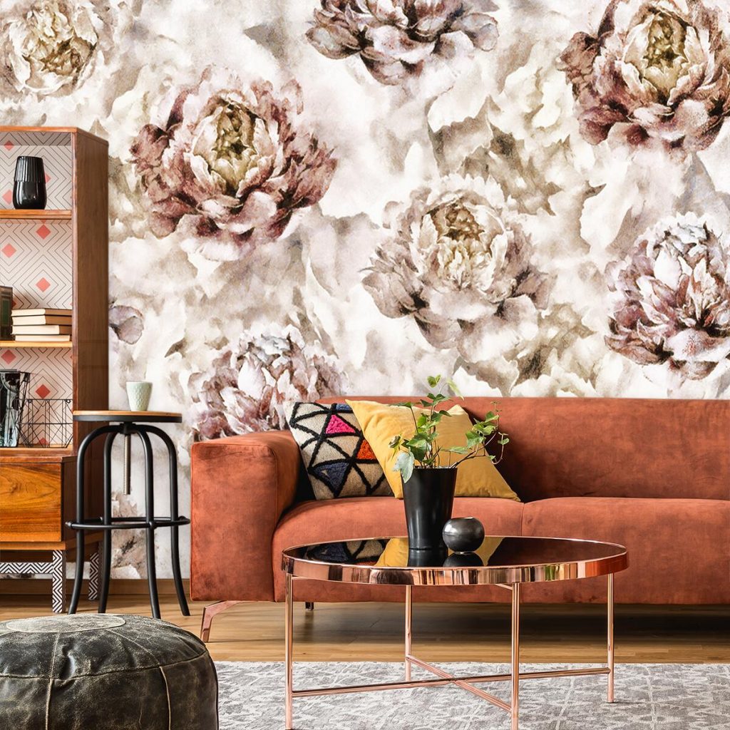 Botaniczna tapeta w piwonie do salonu