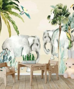 słonie i palmy na fototapecie dla dzieci