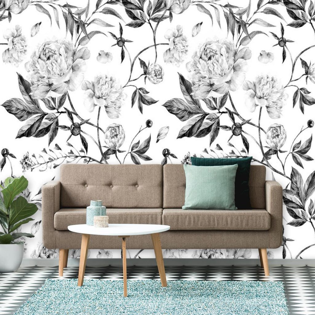 Szara tapeta w kwiaty do ozdoby sypialni