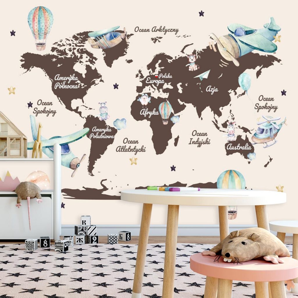 Dziecięca tapeta z mapą świata i samolotami