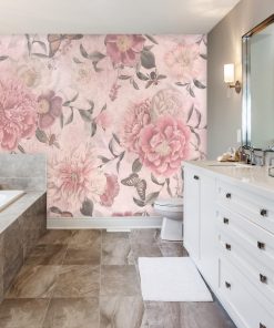 Różowa fototapeta w kwiaty do łazienki