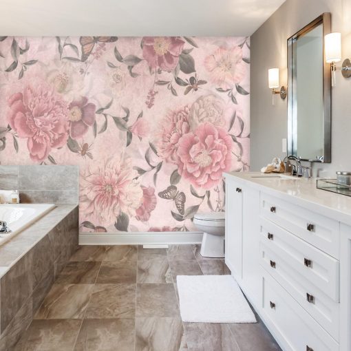 Różowa fototapeta w kwiaty do łazienki
