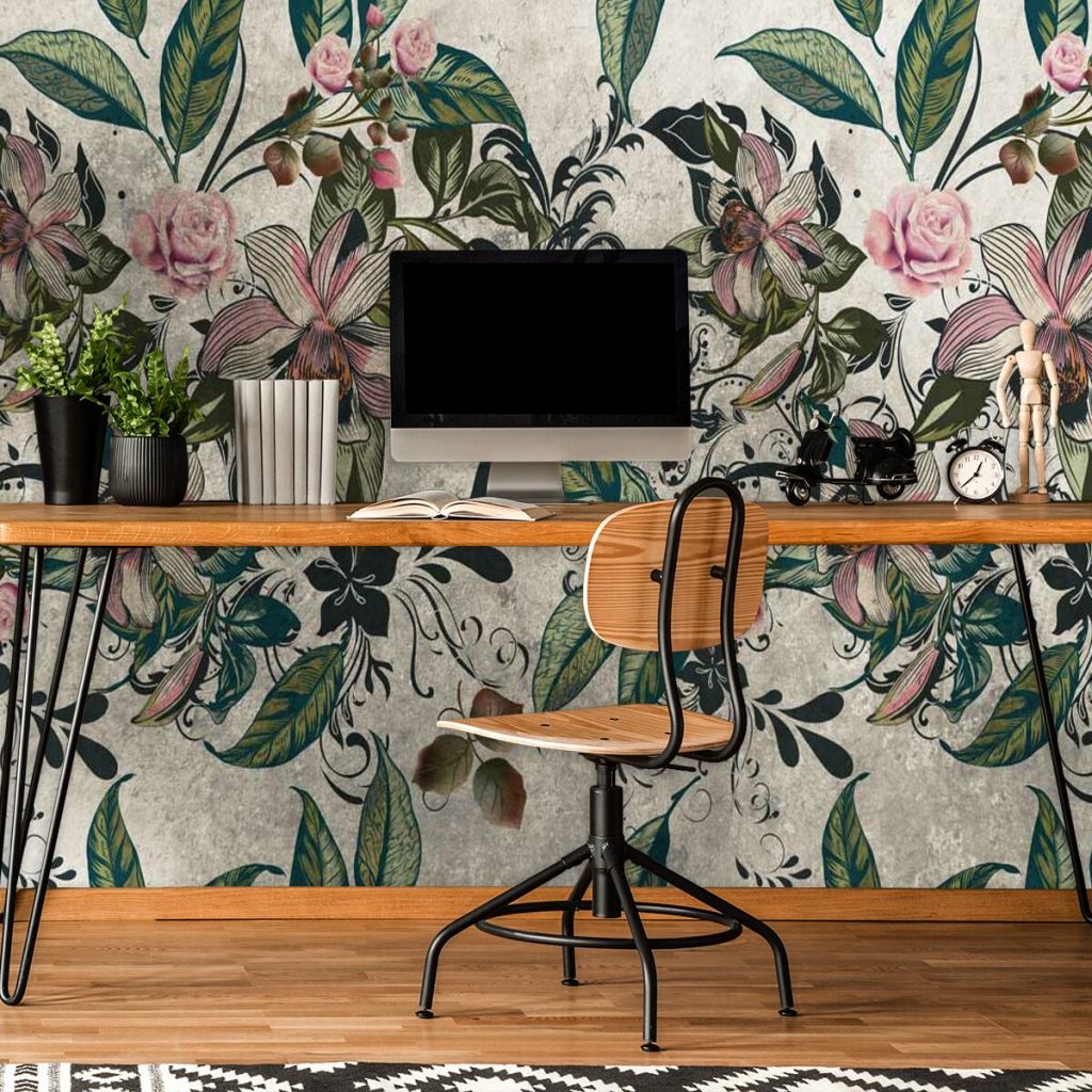 Szara tapeta z kwiatami do dekoracji sypialni