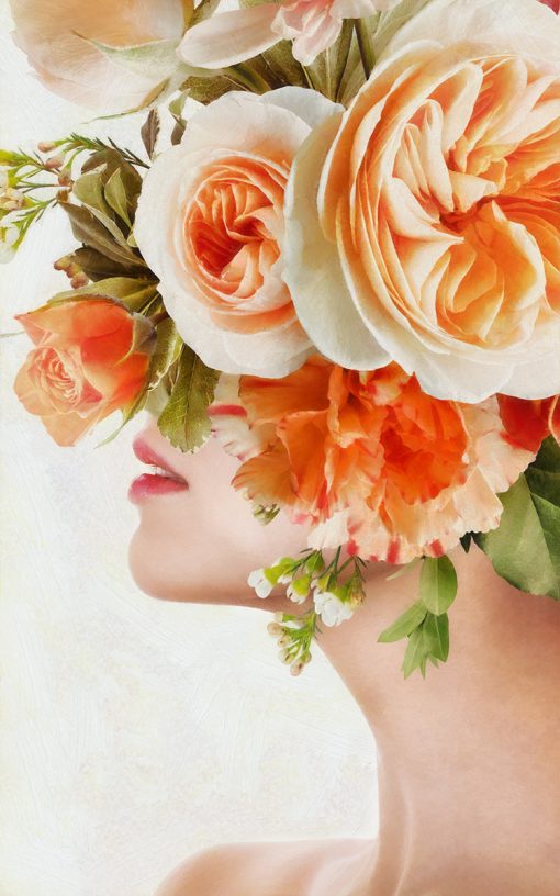 Tapeta kobieta z kwiatami na głowie w tonacji pomarańczu