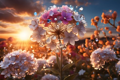 Fototapeta z kwiatami i zachodzącym słońcem